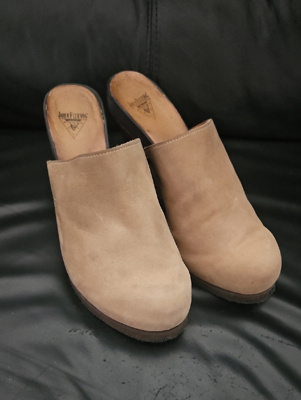 John Fluevog Dusk Women’s Leather Tan Suede Mule Platform Clogs Shoe Sz 8US